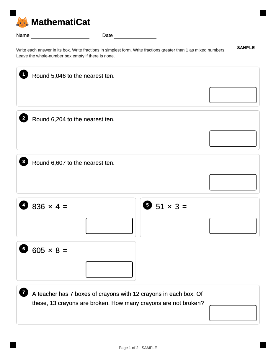 MathematiCat: page 1 of a printable 4th grade math practice sheet